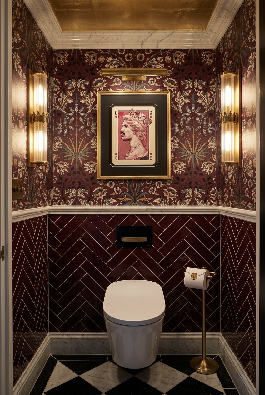 Powder Room - William Morris wallpaper, burgundy herringbone tile, gold leaf ceiling and brass fixtures, San Francisco
