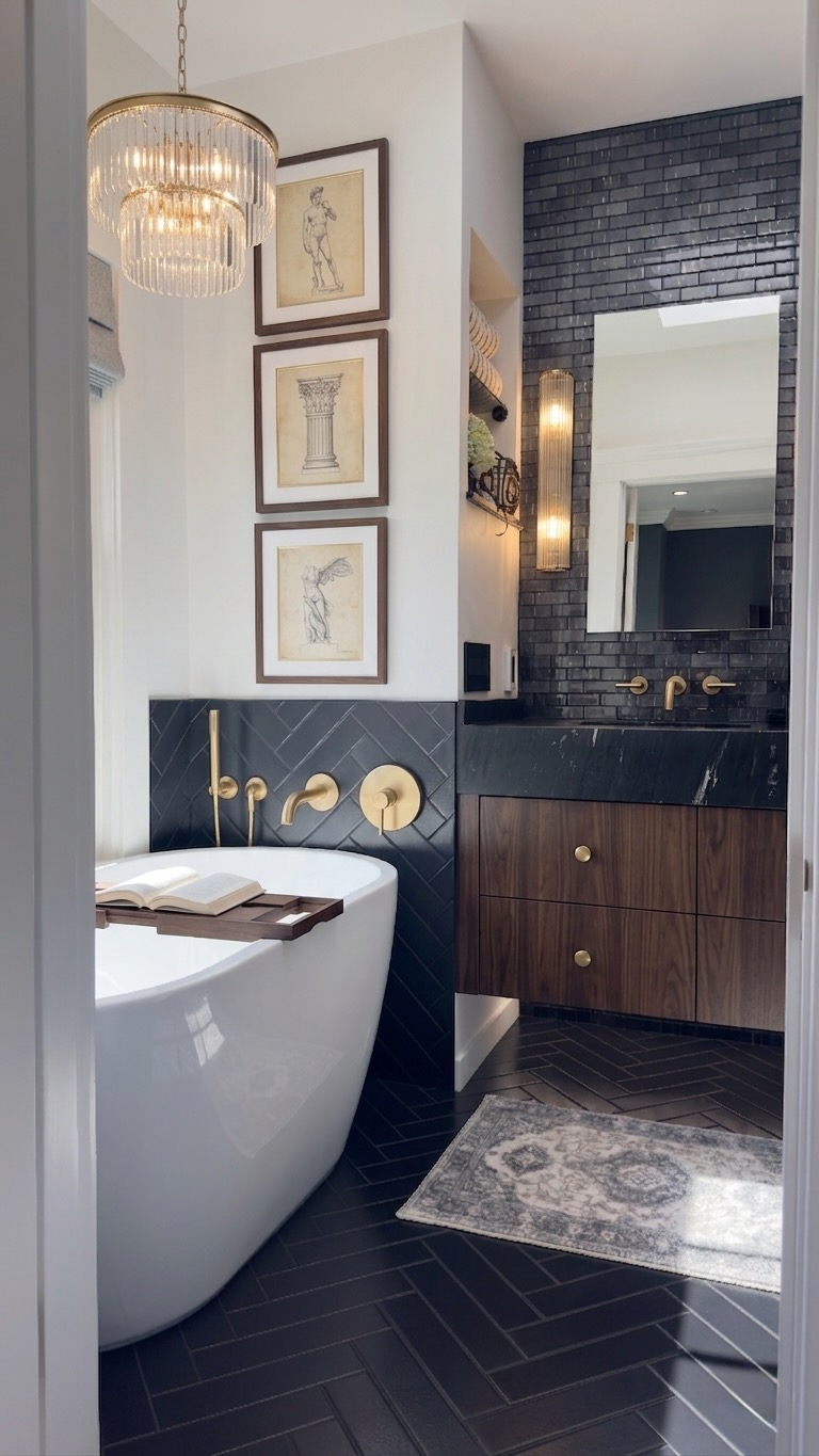 A Roman Bath - moody primary bathroom with freestanding soaking tub, Italian quartzite, dark glass tile and champagne hardware